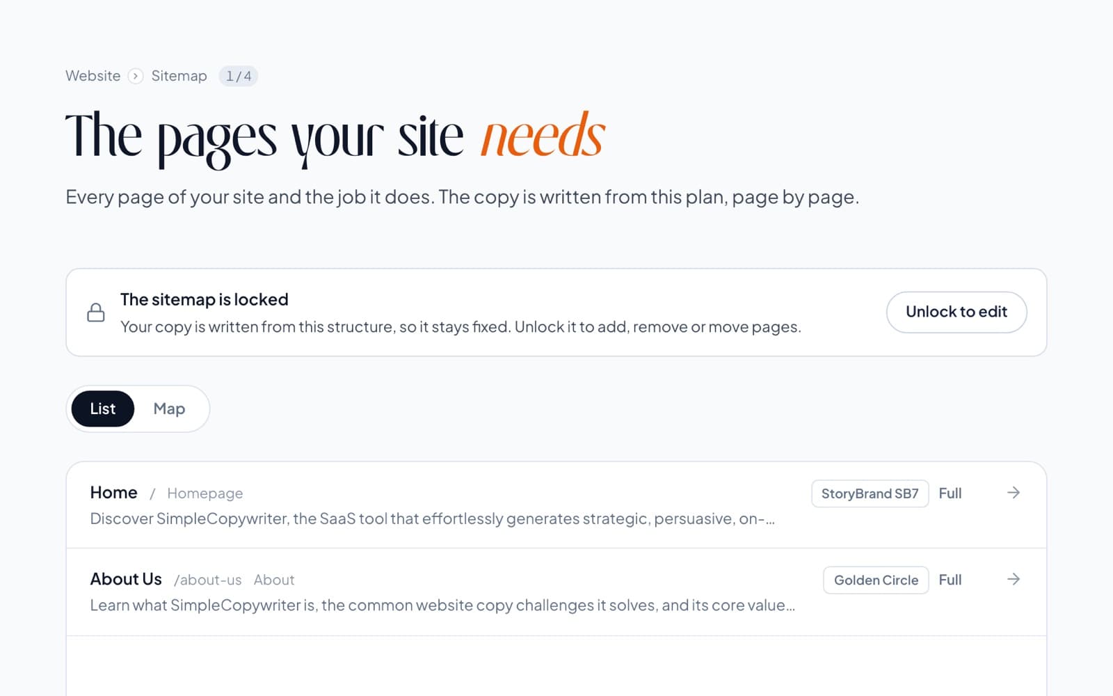 The sitemap screen